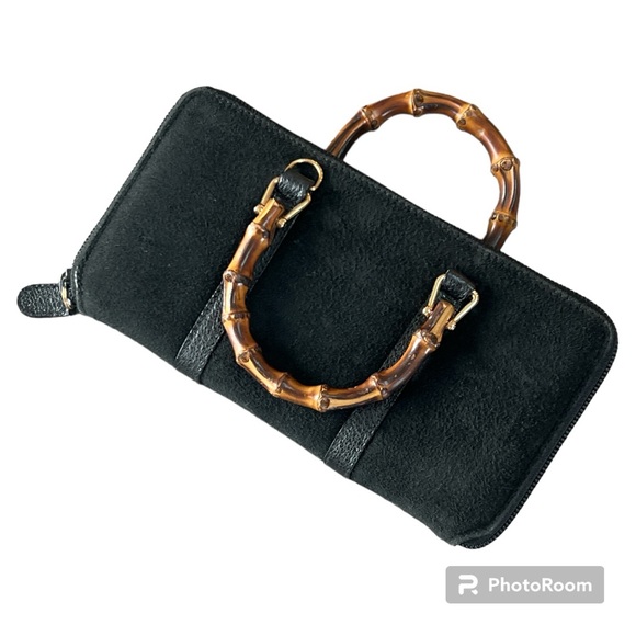 Vintage Gucci zip around wallet on a chain WOC crossbody black suede bamboo - Picture 2 of 16